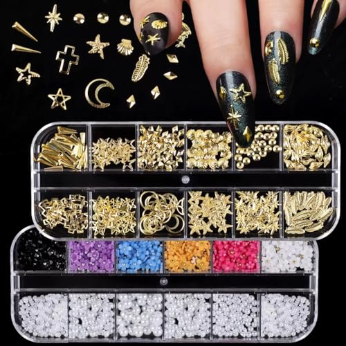 CUBLIVE Nail Charms Art Kit with 30 Sheets Gold Nail Stickers and 6 Boxes of Nails Gems with Manicure Art Tools for 3D Nails Supplies DIY Charms and Rhinestones