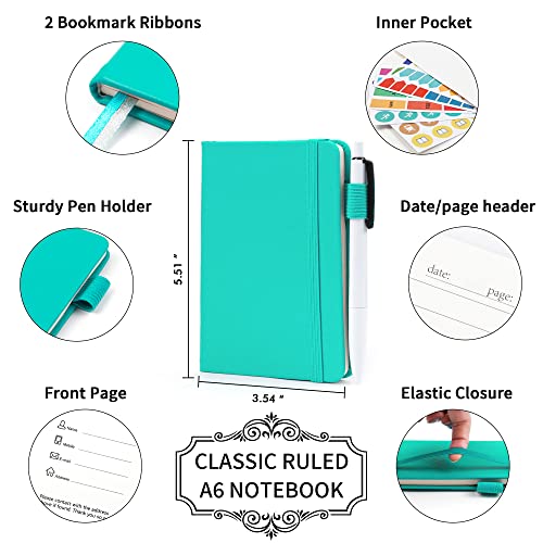 feela 6 Pack Pocket Small Notebooks Bulk, Mini Cute Memo Notepads Hardcover College Ruled Lined Journals with Pen Holder for Women Girls Office School, with 6 Black Pens, 3.5”x 5.5”, A6, Aqua - color: 6 Aqua