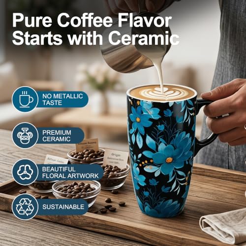 Topadorn 17oz Ceramic Travel Mug, Blue Floral Coffee Mug with Lid & Handle - color: Blue Flower