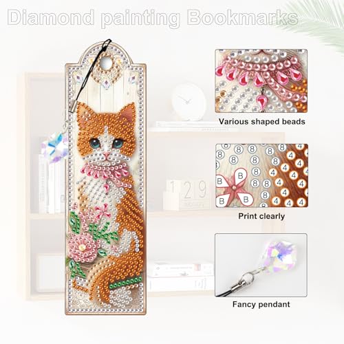 Tontut 3pcs Diamond Art Painting Kit Bookmarks, Pink Flower Cat Exquisite Universal DIY Bookmarks, Lightweight and Durable for Reading Lovers - color: Pink