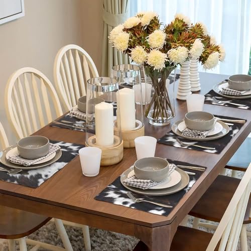 Cow Print Western Placemats Washable Table Placemat Set of 6 - color: Brown Black White, size: Set of 6