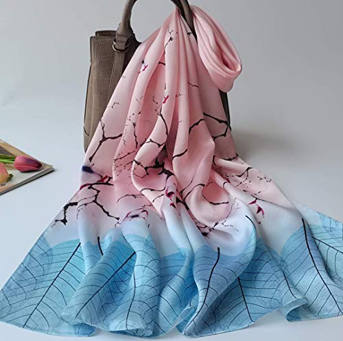 ANDANTINO 100% Silk Long Scarf-Women Large Oblong Shawls with Gift Packed - color: Blue&pink Branches