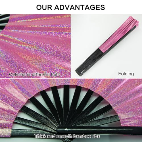 Large Rave Fan, Clack Folding Hand Fan with Premium Fabric, Thick Bamboo Frame for Men Women Gift for EDM, Festival, Club, Party, Dance, Decoration (Lridescent Pink, 11") - color: Lridescent Pink, size: 11"