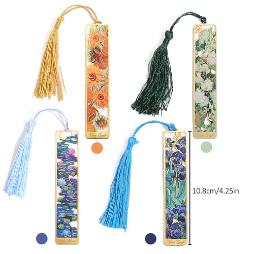 4 Pieces Metal Bookmarks with Tassel, Golden Hollow Bookmark Oil Painting Theme Book Mark Bookmarks for Book Lovers Writers Readers Children Teens Men Women Adults - style: 4Pcs Flowers