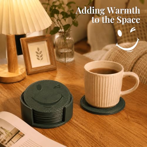 Coasters for Drinks Set of 6 with Holder, 6-Piece Leather Coasters with Embossed Smiley Designs - Durable Drink Coasters Set for Home, Bar, or Office - Green - color: Green