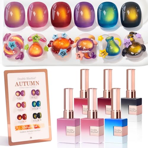 Double Rhythm Cat Eye Gel Nail Polish Set of 6 Same Color Same Bottle 0.5 Oz Shimmer Glitter with Magnet Holographic Reflective Magnetic UV Nail Polish Kit at Home (Golden Autumn Brown-T6-57) - color: Golden Autumn