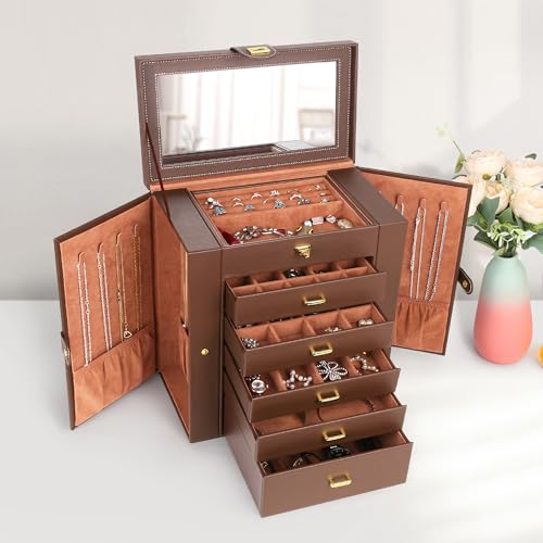 Kendal Extra Large Jewelry Box Jewelry Case PU Leather 6 Tier 5 Drawers Large Storage Capacity with Mirror Jewelry Storage Organizer Great Gift Also Good For Watches LJC-SHD5BN (Brown) - color: Brown, size: Extra-Large(12.7"x12"x6.7")