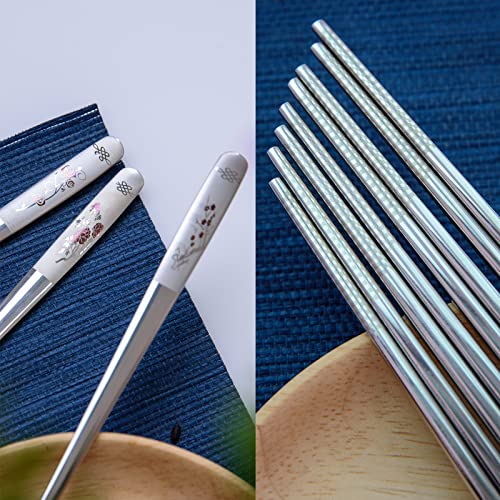 Reusable Chopstick and Spoon Set, Korean Long Handle Stainless Steel Spoon and Chopsticks Set, Dishwasher Safe Metal Chop sticks, Set of 3. (Multi-patterned)