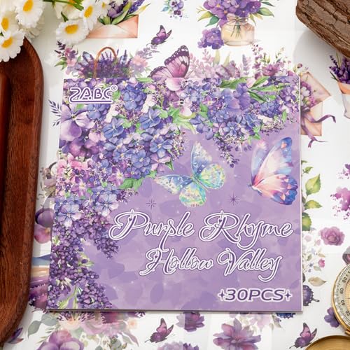 Purple Garden Scene Theme Sticker Scrapbooking Supplies for Junk Journal, 30 Sheets PET Stickers - Vintage Journaling Stickers, Ephemera Sticker Book Pre Cut(TZ-005-003) - color: Purple Rhyme