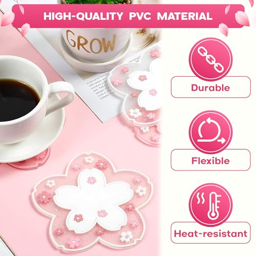 Cherry Blossom Coaster for Desk Set of 2, Non-Slip PVC Cup Mats - color: 2pcs Cherry Coasters