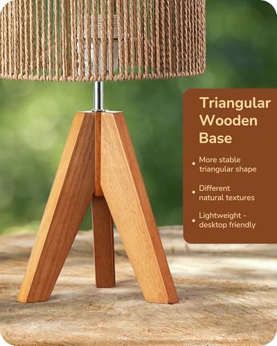 EDISHINE Small Rattan Table Lamp, Wood Tripod Bedside Lamp, 14.2", E26 Base - color: Rosewood Color&Vertical Stripe Shade