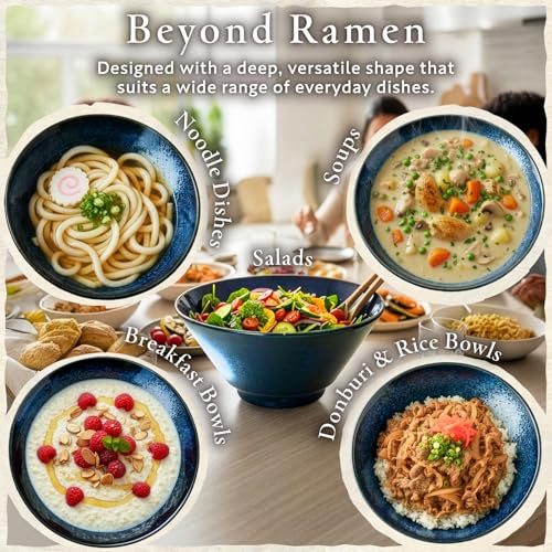 HIBINO Japanese Ramen Bowl Set of 2 | 44 oz Ceramic Ramen Bowls with Chopsticks & Spoons | Made in Japan Mino Ware | Microwave Safe Noodle & Soup Bowls | 6-Piece Dinnerware Set |「Kasumi Indigo」