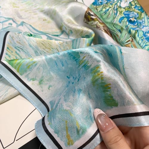 FEIBOON Mulberry Silk Scarf 21"x21" Small Square Scarfs for Women - color: Light Green Oil Painting