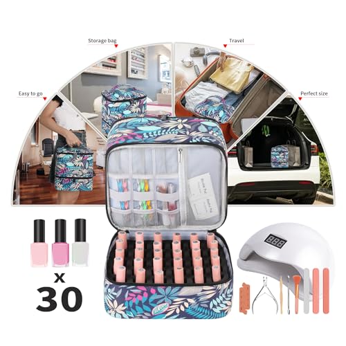 Portable Nail Polish Storage Bag with UV Light Case - Holds 30 Bottles and 1 UV LED Nail Lamp, Double-Layers Nail Dryer Case for Gel Nail Polish Kit, Nail Art Decorations （Leaves） - color: Green-Floral