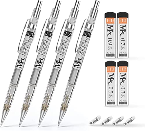 MozArt Mechanical Pencil Set 4 Sizes 0.3 0.5 0.7 0.9mm HB Lead Clear - color: Clear