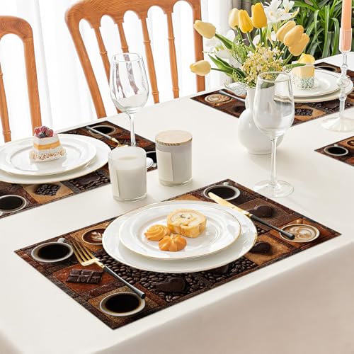 Coffee Placemats Set of 4, Cafe Table Mats, Washable Place Mats for Coffee Bar Home Party Indoor Kitchen Dining Table Decoration 12x18 Inch - color: Coffee, size: Set of 4