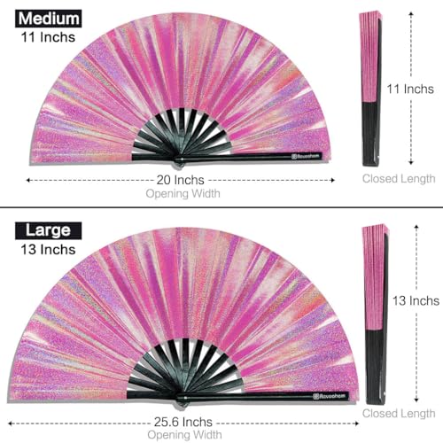 Large Rave Fan, Clack Folding Hand Fan with Premium Fabric, Thick Bamboo Frame for Men Women Gift for EDM, Festival, Club, Party, Dance, Decoration (Lridescent Pink, 13") - color: Lridescent Pink, size: 13"