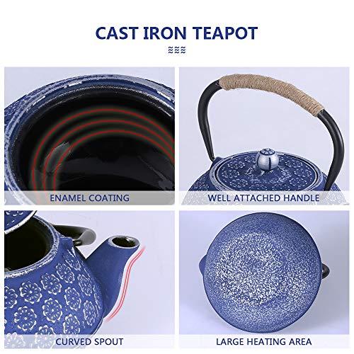 Ufine Blue Floral Cast Iron Teapot Set 28 oz Tea Kettle with 4 Cups, Trivet - color: Blue Floral