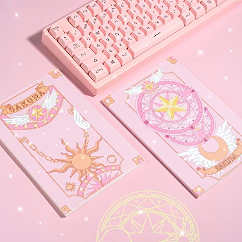 Sakura Anime Notebooks | Japanese Manga Kawaii Stationary Design for Girls Women | Cardcaptor Japanese Pastel Star Moon Wings Design | Ruled Lined Cute Travel Journal | Pack of 2 (Pink)