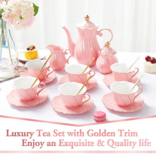 DUJUST 22 pcs Porcelain Tea Set for 6, Luxury British Style Tea/Coffee Cup Set with Golden Trim, Beautiful Tea Set for Women, Tea Party Set, Gift Package (With a Stand) - Pink - color: Princess Pink