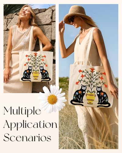 Miss Adola Embroidery Canvas Tote Bag with Pocket & Buckle - color: Cat