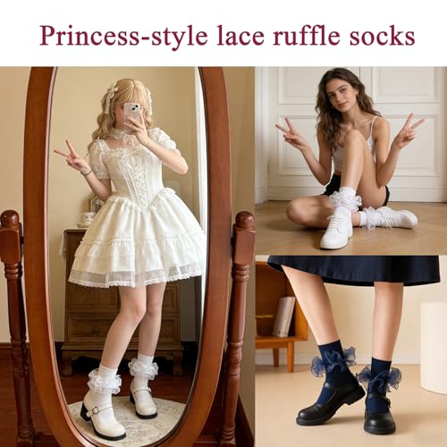 Big Ruffle Socks Women(Size 5-11) Turn Cuff Cotton Lace Frilly Socks - color: 4 Pairs - Black,white,navy Blue,red, size: 9-11