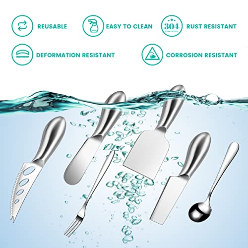 Silver Cheese Knife Set For Charcuterie Board Accessories, Stainless Steel Cheese Slicer And Butter Spreader knives Kit With Serving Tongs, Spoons, Forks, Flags Cheese Markers, Honey Dipper (23 Pack) - color: Silver