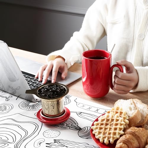 vicrays Ceramic Tea Mug Infuser - Large Cup 16 oz Hot Loose Steeping Handle Teacup with Leaf Infuser Spoon Lid - Tall Glazed Strainer Coffee Mug Microwave Safe - Red - color: Scarlet Red