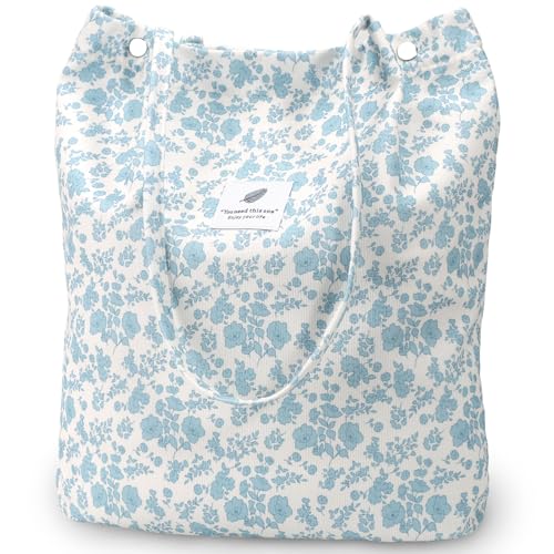 Ayieyill Corduroy Tote Bag for Women Canvas Shoulder Cord Purse with Inner Pocket - color: Blue/Flower