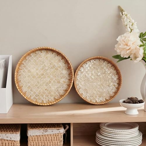 JUNGLE CULTURE Round Rattan Tray Mother of Pearl Inlay • Cascade Light 12” - color: Cascade Light, size: 11.8"