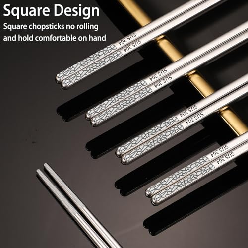 Stainless Steel Chopsticks Reusable, 5 Pairs, Silver Crack Pattern