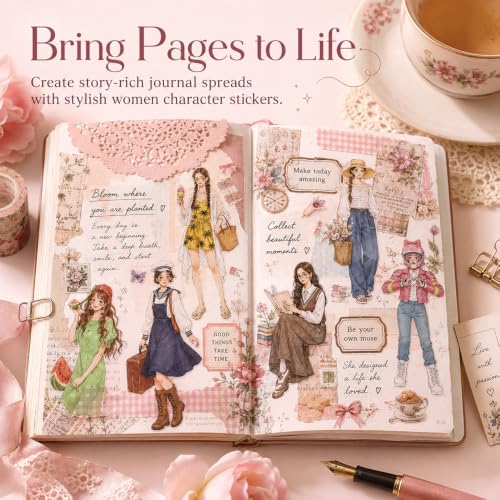 Women Character Sticker Book for Journaling, 50 Sheets PET Stickers - color: 50 Sheets Girls Sticker Book
