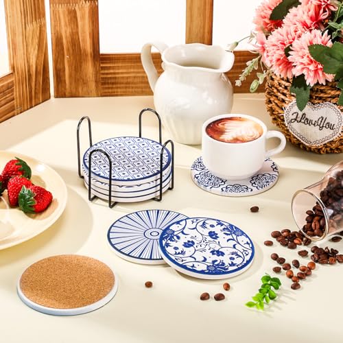Patelai 8 Pcs Vintage Ceramic Coasters Set with Holder, - style: Retro Style