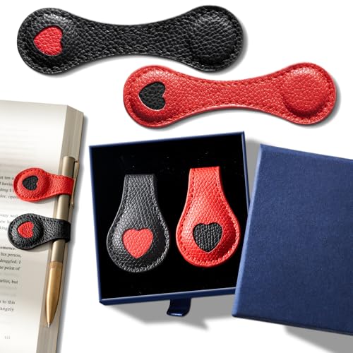 Ovesmusl 2Pcs PU Leather Heart Magnetic Bookmarks with Pen Holder - style: Heart (Red+Black)