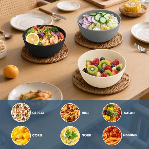 Wheat Straw Bowls Sets of 6, 26oz Plastic Bowl Reusable, Unbreakable Cereal Bowl, Microwave and Dishwasher Safe Soup Bowls for Kitchen, Camping, RV, Party - BlackBeige - color: Blackbeige, size: 26 oz