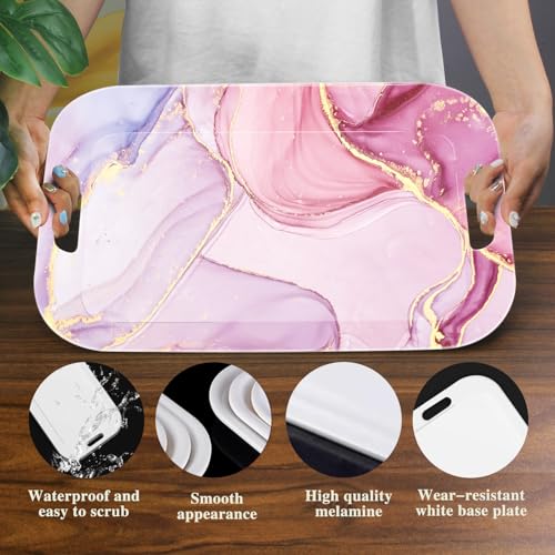 Serving Trays with Handles, 14.5 x 9.8 inch Rectangular Plastic Tray for Restaurant, Kitchen, Painting of Pink and Gold Marble - color: Painting of Pink and Gold Marble