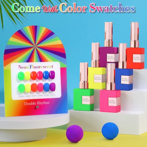 Double Rhythm 6 Pcs 15 ML Gel Polish Set Same Color Same Bottle Soak Off Gel Polish Kit Nail Art Manicure Salon DIY at Home for Women (Neon Green Red Pink Blue Purple-T6-12) - color: Neon Fluorescent