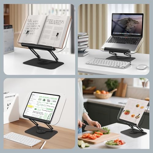 Acrylic Book Stand for Reading Hands Free - Adjustable 360° Rotating Cookbook Holder with Elastic Page Clips & Foldable Base, Multi-Angle Desktop Display Stand for Recipes, Laptops, Tablets, Bibles - color: Black