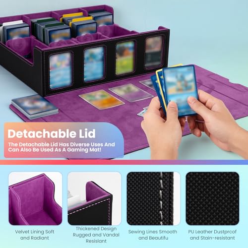 Trading Card Storage Box with Commander Display, 4-Row Deck Case with Removable Lid & Handle, 3000+ Card Organizer with 24 Colorful Dividers & 4 Stoppers for MTG, Black & Purple - color: Black & Purple, size: 3000+, with Handle