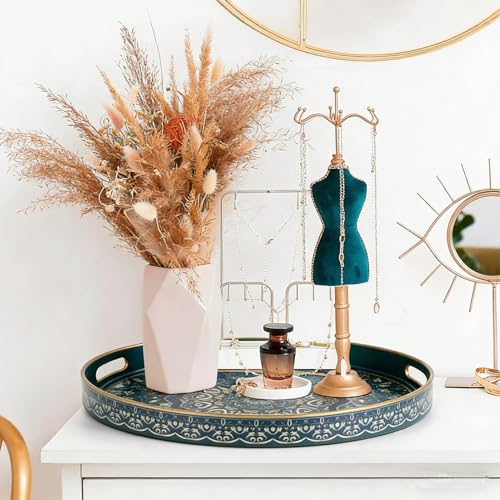 Round Serving Tray with Handles,Plastic Coffee Table Tray Ottoman Tray - color: Round Tray-dark Blue