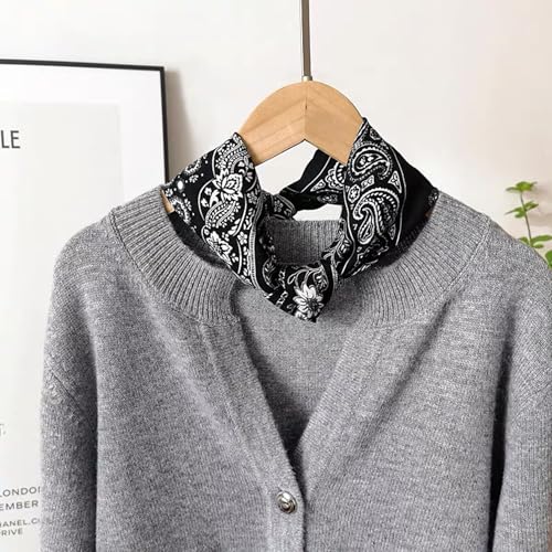 100% Mulberry Silk Neck Scarf for Women Square Neckerchief – 21 inch - color: Black Pattern