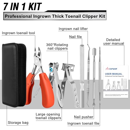 Toenail Clippers for Seniors Thick Toenails, Aucurwen Heavy Duty Toe Nail Clippers Adult Thick Nails Long Handle, Large Toenail Clippers for Thick Nails 7Pcs(Orange) - color: Orange