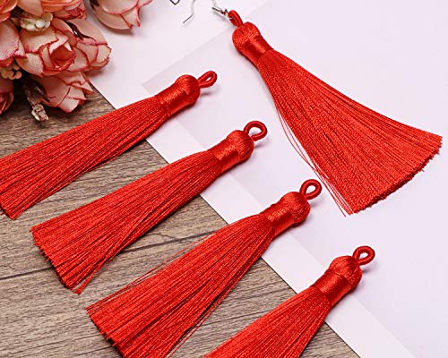 Tupalizy 10PCS Handmade Soft Silky Tassels with Hanging Loop for Bookmarks Keychains Earring Bracelets Jewelry Making Souvenir Graduation Clothing Sewing Gift Tag Art DIY Craft Projects (Red) - color: Red
