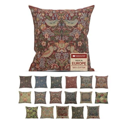 William Morris Strawberry Red Tapestry Throw Pillow Cover 16 x 16 in - color: Strawberry Red