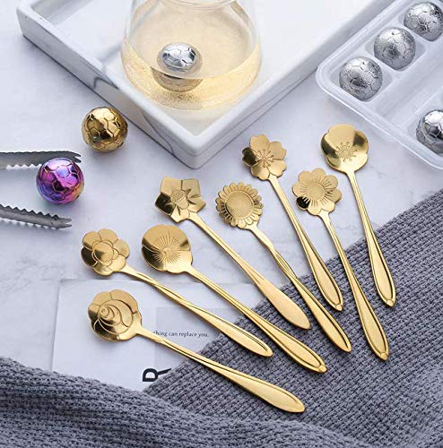 16 Pieces Flower Spoon Coffee Teaspoon Set, PBIEHSR Stainless Steel Coffee Tea Spoons for Drink Mixing Milkshake Jam (Gold-16) - style: Gold-16