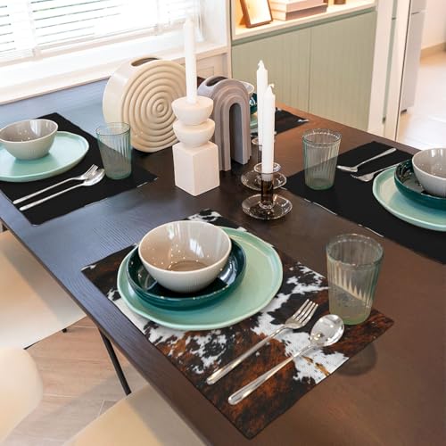 Cow Print Placemats Set of 4 – Western Farmhouse Table Mats with Rustic Brown Black White Cowhide Pattern, Durable Polyester Linen for Kitchen Dining Decor, Washable & Quick Dry - color: Fur Print, size: 12x18"Placemats x4