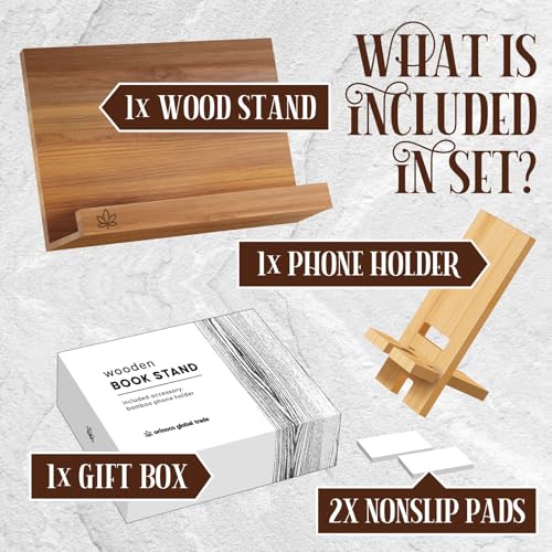 Acacia Cookbook Stand for Kitchen Counter – Adjustable Wooden Recipe Book Holder for Cookbooks, Recipe Binders & Tablets | Foldable Wood Book Stand with Bamboo Phone Holder | Gift-Ready Kitchen Set