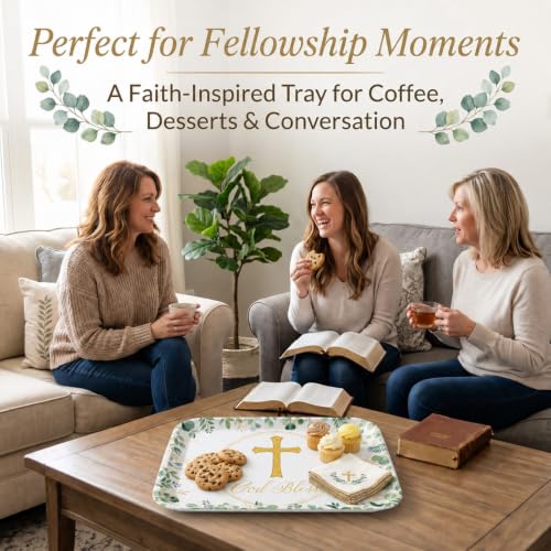 Vesici 4 Pack Eucalyptus God Bless Melamine Serving Trays, 13 x 10 Inch Rectangular Religious Decorative Platters with Gold Cross, Durable Serving Plates for Baptism, First Communion & Church Events - style: Eucalyptus Leaf Religious