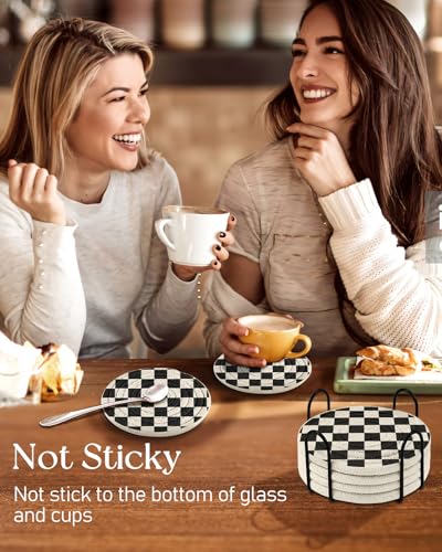 Absorbent Cup Coasters Set of 6 with Holder, Check Pattern - color: Check Pattern