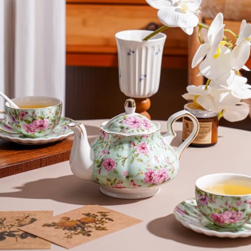 Flowers Ceramic Tea Set，Tea Sets for Adults, with Teapot, Spoons, Cup and Saucer for Tea Party (Green Flower) - color: Green Flower